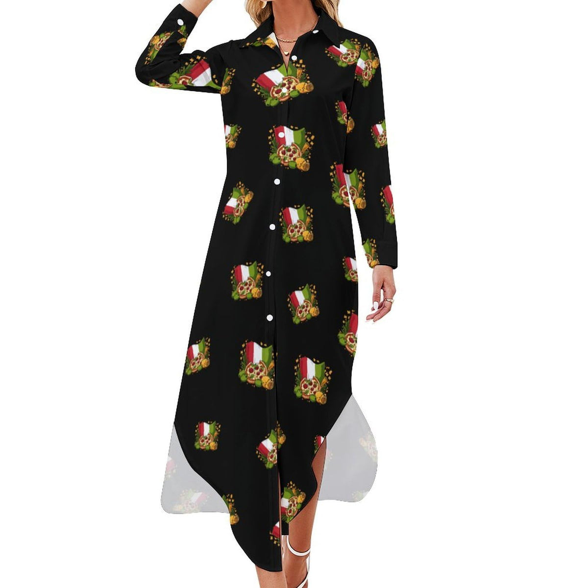 Robe-chemise tendance pour femme, motif drapeau italien, manches longues, boutonnée, maxi, style italien