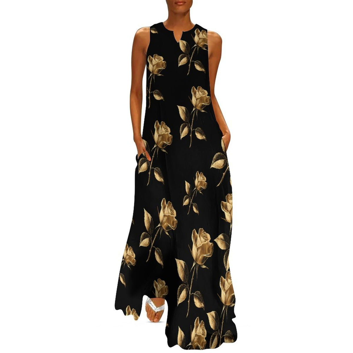 Robe longue maxi de cocktail sans manches pour femme, col en V, coupe ample, unie, avec poches, couleur Golden Rose