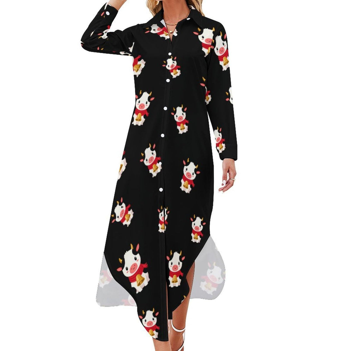 Robe-chemise tendance pour femme, style vache mignonne avec écharpe rouge, manches longues boutonnées, maxi robe d'été