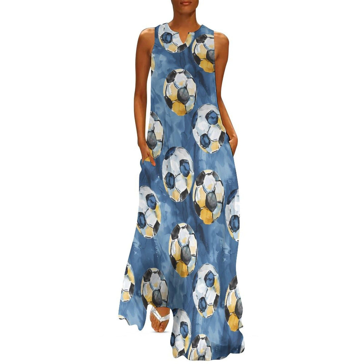 Robe longue maxi d'été pour femme, sans manches, à bretelles, style aquarelle, motif football.