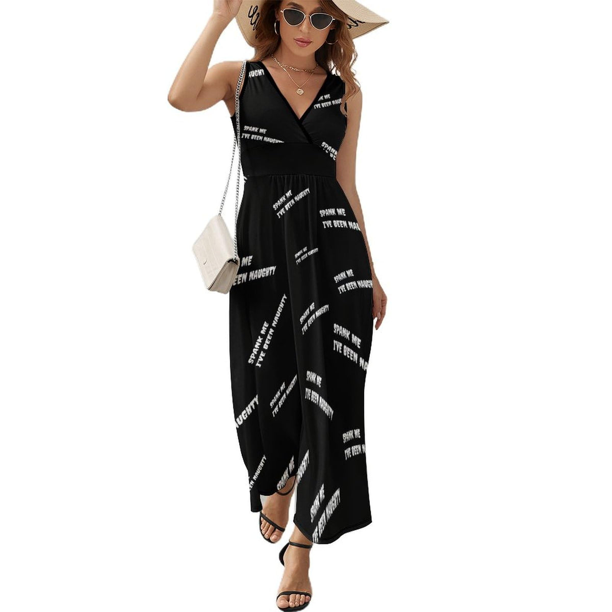 Robe longue sans manches imprimée « Fesse-moi, j'ai été vilaine » pour femme, col en V, style décontracté, robe débardeur