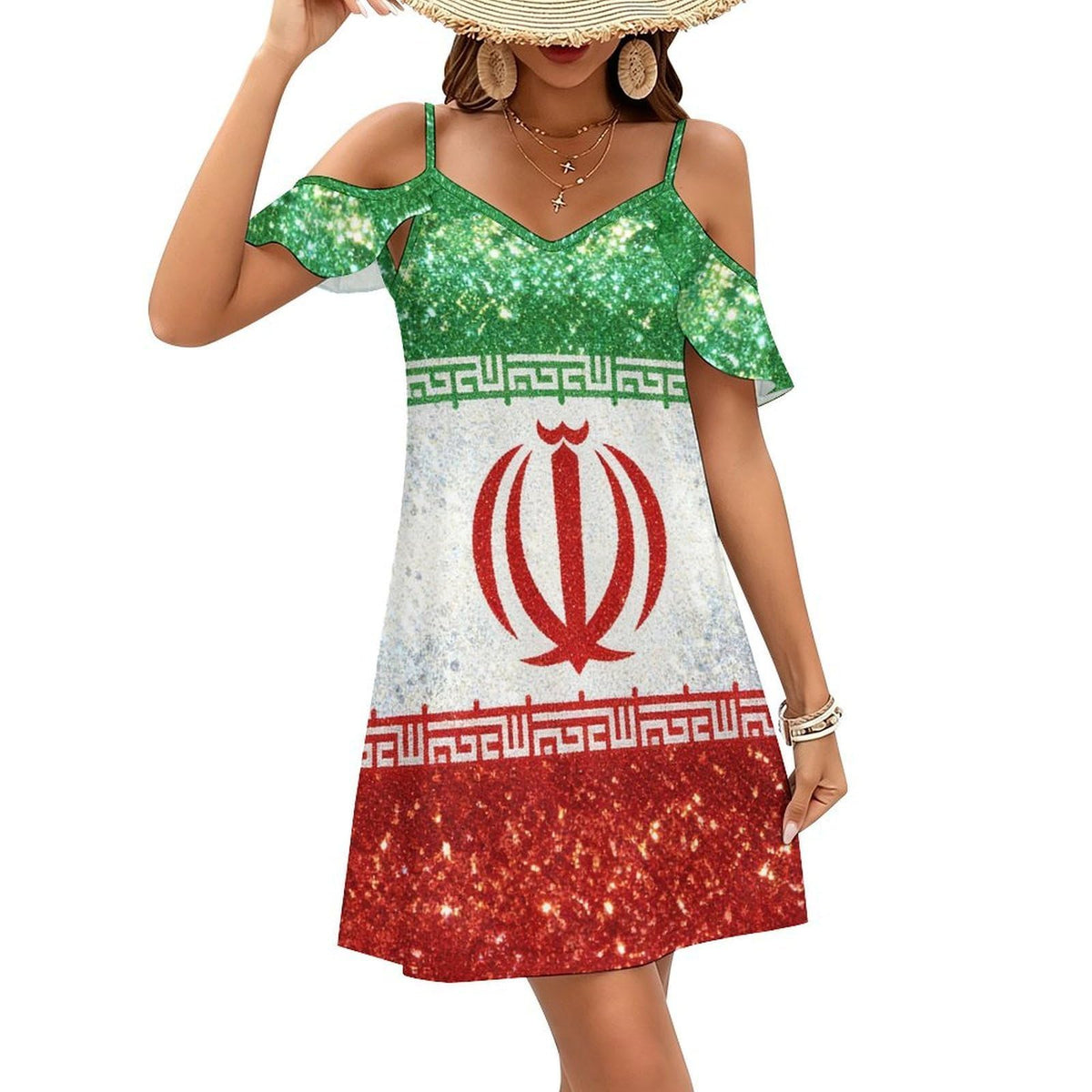 Robe courte d'été décontractée à épaules dénudées, manches à volants et imprimé drapeau iranien à paillettes