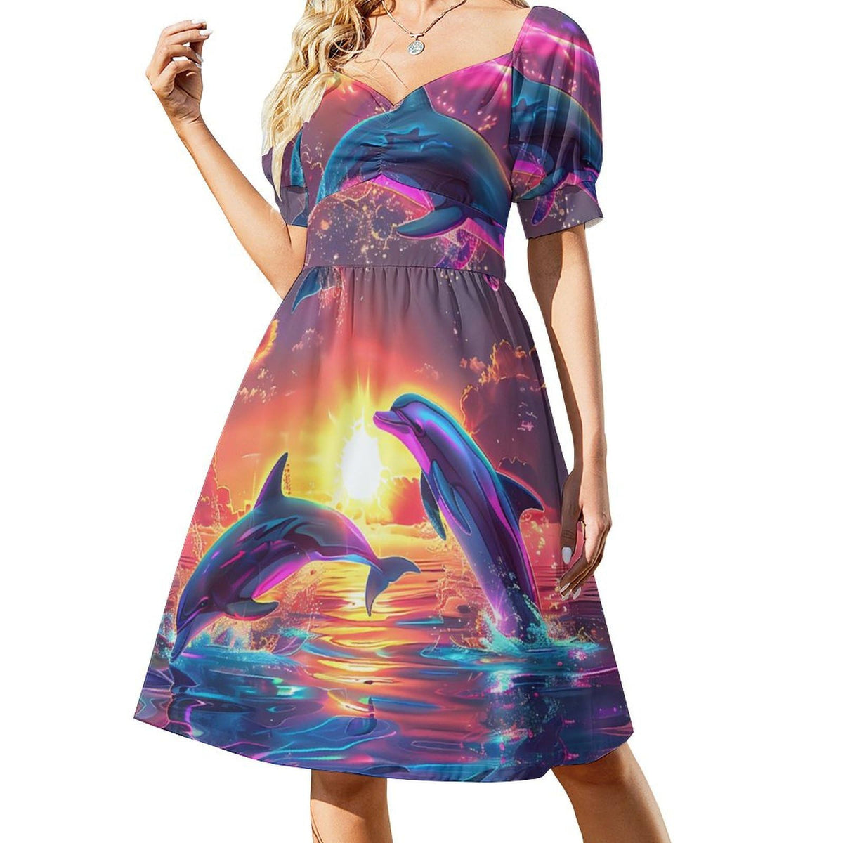 Robe d'été à manches courtes et col en V pour femme, motif dauphins au coucher du soleil.
